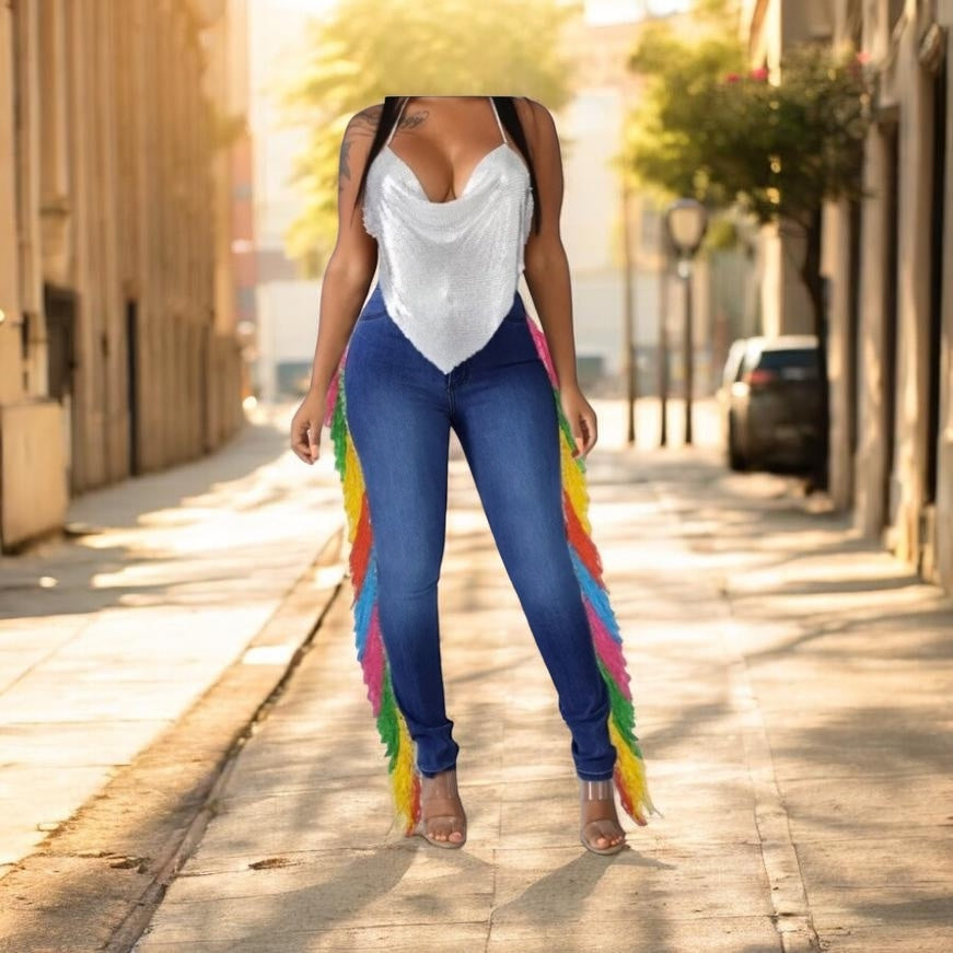 Carnival Fringe Jeans | Dark Wash | Rainbow Side Fringe Denim