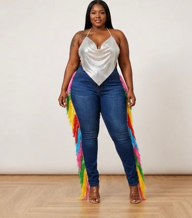 Carnival Fringe Jeans | Dark Wash | Rainbow Side Fringe Denim
