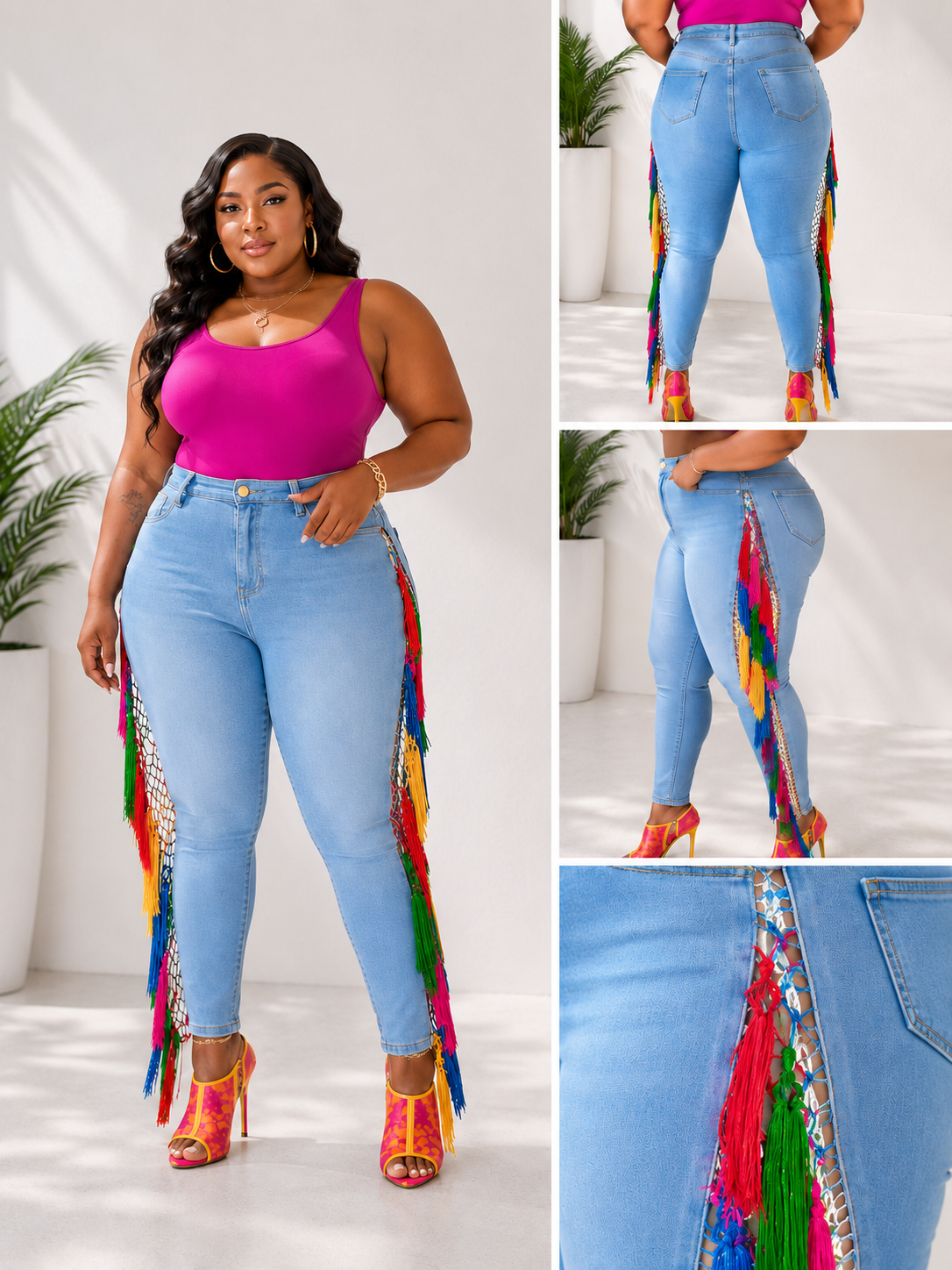 The Carnival Fringe Jean in Light Wash is warm-weather energy with an elevated edge. A soft, sun-kissed light wash denim base provides the perfect contrast for the vibrant rainbow fringe detail that runs the full length of the side seam — red, yellow, green, blue, and pink moving with every step you take.