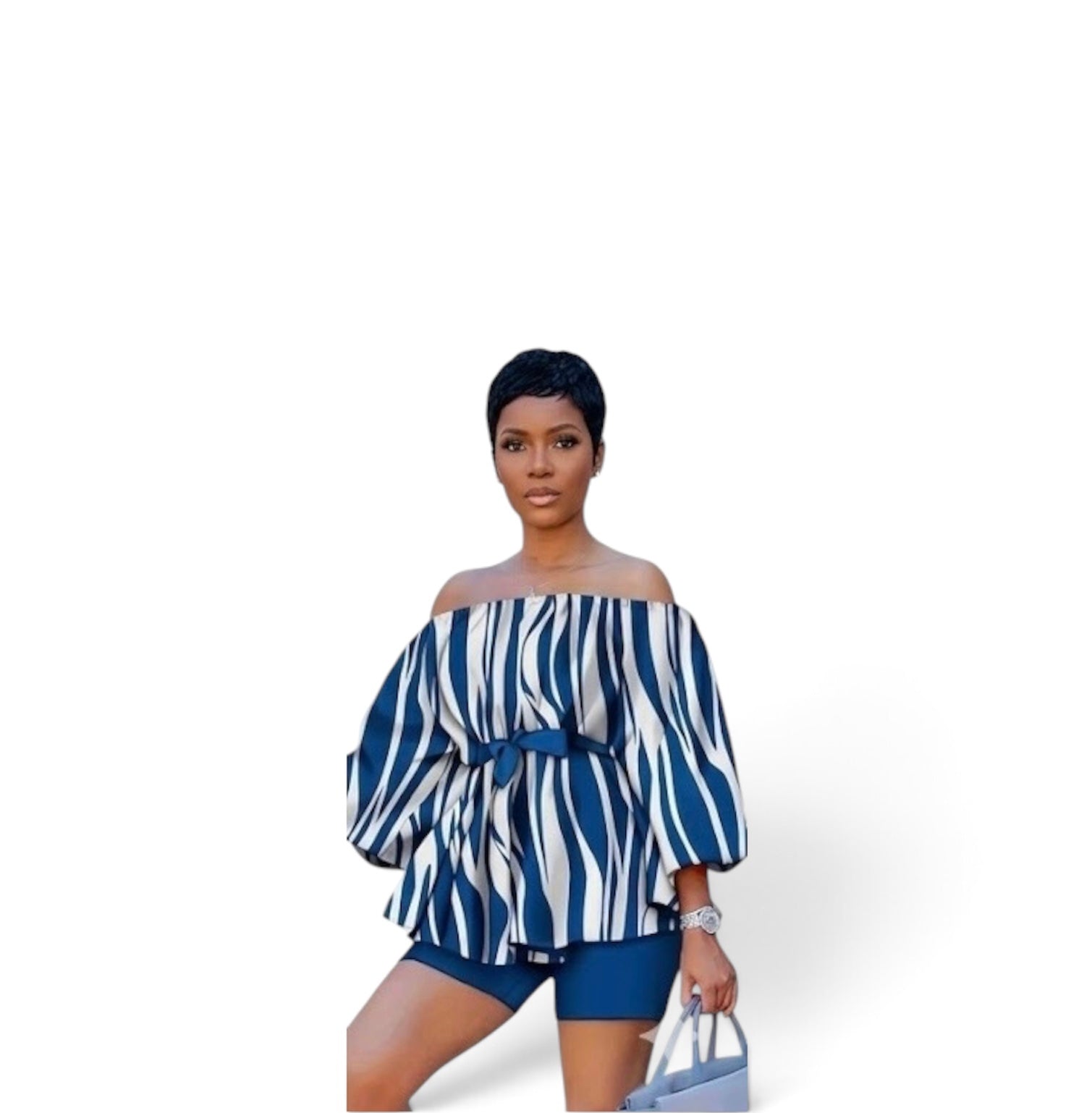 Current Two-Piece Set | Off-Shoulder Peplum Top & Biker Shorts