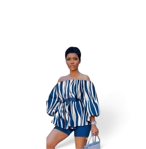 Current Two-Piece Set | Off-Shoulder Peplum Top & Biker Shorts