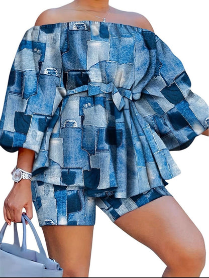 Women's patchwork denim print off-the-shoulder vacation set with cinched waist and fitted shorts - Sizes 16-28.