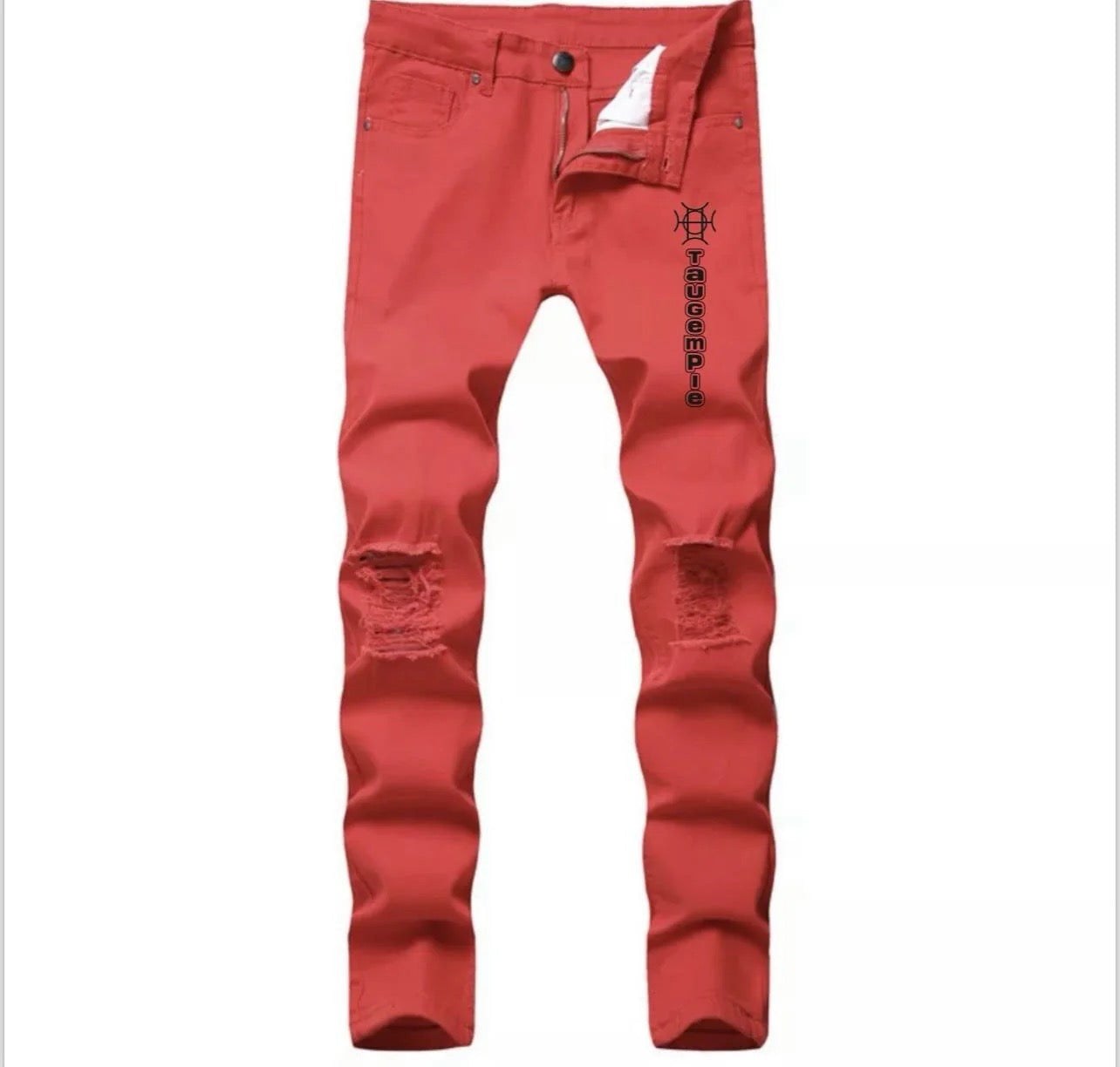 Not for the hesitant. Crimson Discipline Denim is a full statement — bold red colorway, distressed knees, and the TAUGEMPIE mark for the man who dresses with conviction.