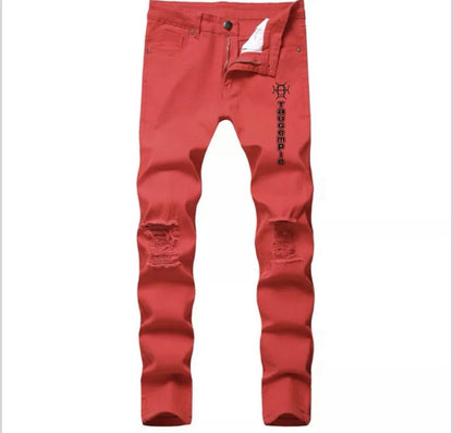 Not for the hesitant. Crimson Discipline Denim is a full statement — bold red colorway, distressed knees, and the TAUGEMPIE mark for the man who dresses with conviction.