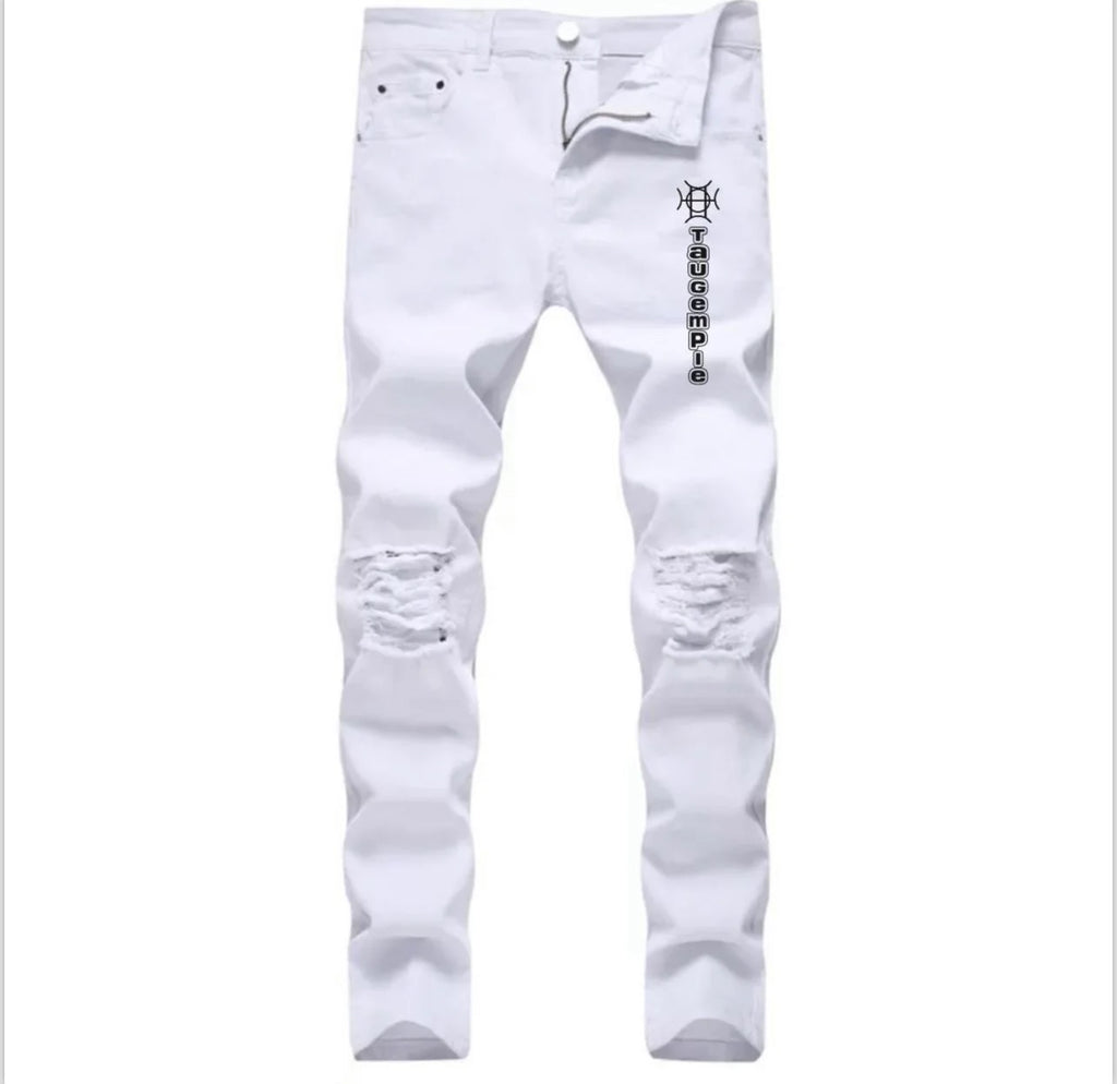 Frost Denim is the all-white statement done with intention — distressed detail, branded logo, and a fit that commands respect without saying a word.