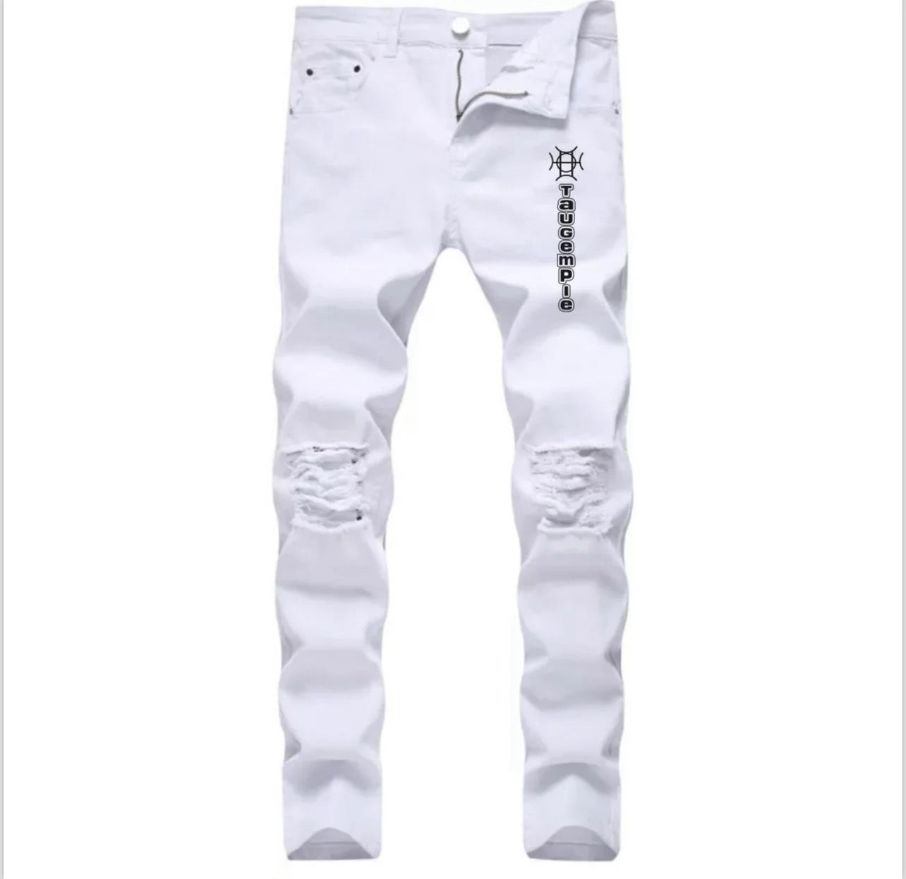 Frost Denim is the all-white statement done with intention — distressed detail, branded logo, and a fit that commands respect without saying a word.