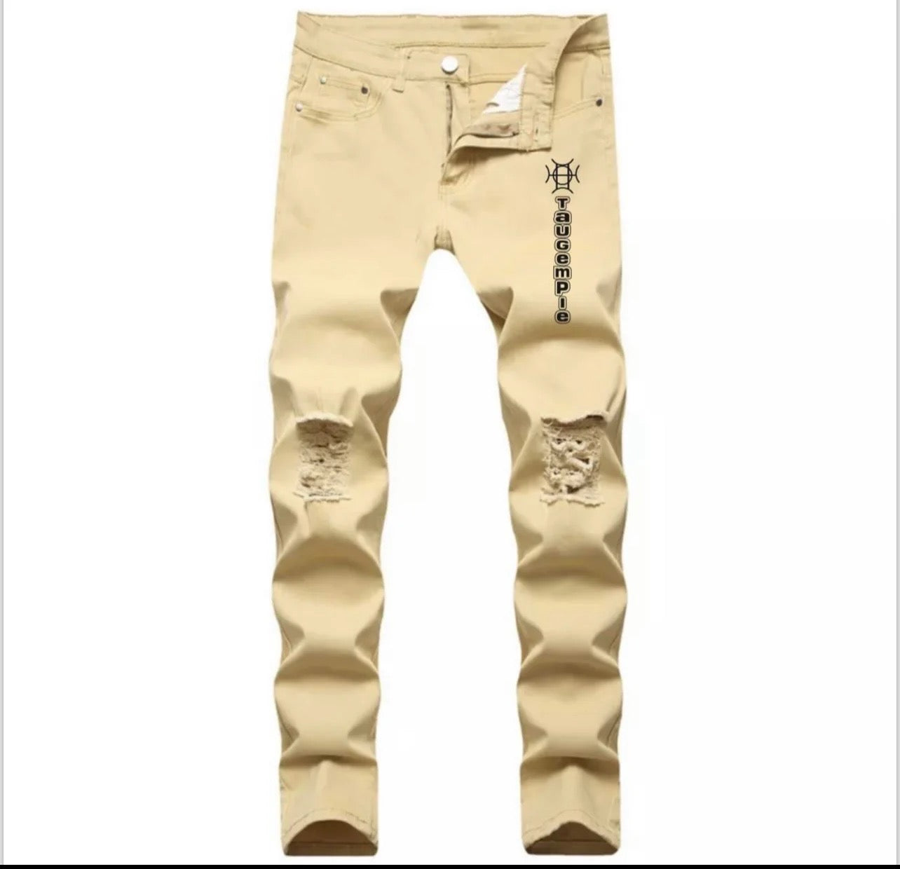 Versatile by design. Sand Discipline Denim is the neutral that works harder than it looks — warm khaki tone, distressed knees, and the TAUGEMPIE mark for the man who builds with intention.