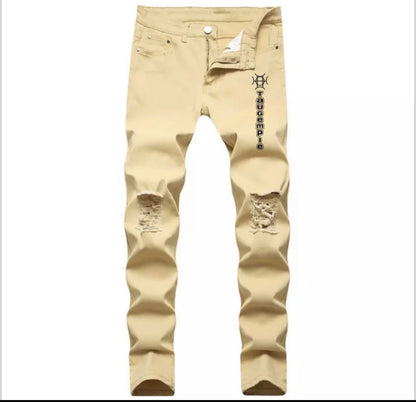 Versatile by design. Sand Discipline Denim is the neutral that works harder than it looks — warm khaki tone, distressed knees, and the TAUGEMPIE mark for the man who builds with intention.