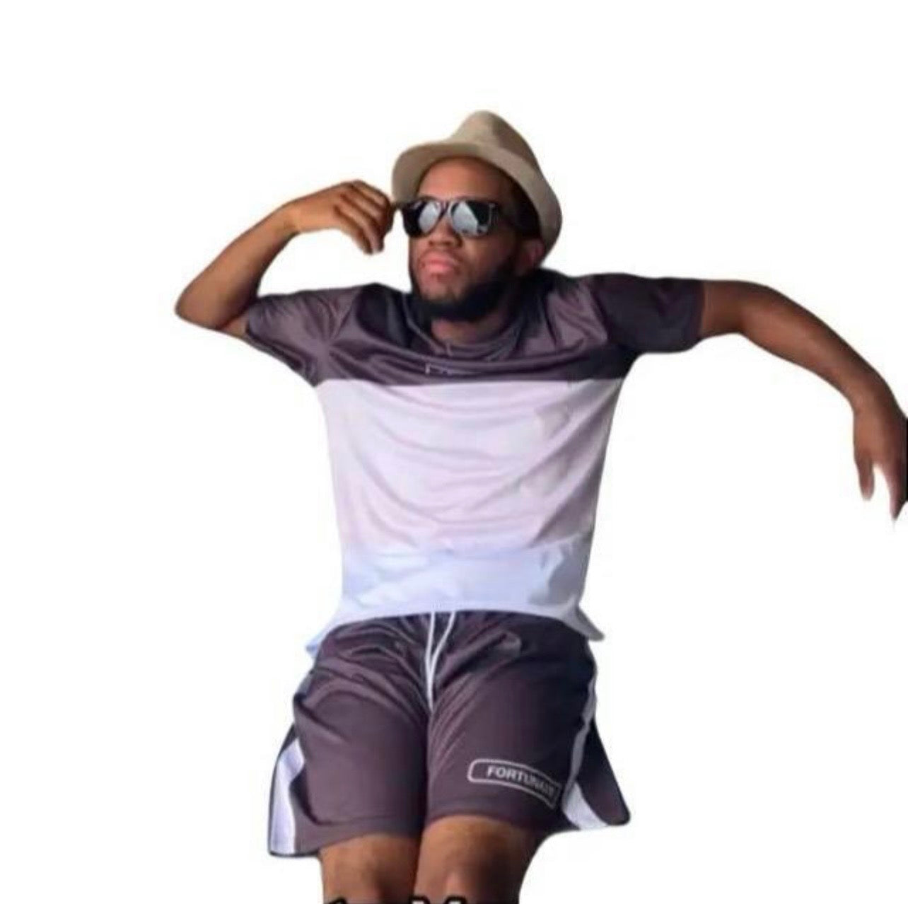 Model wearing Men's tri-color ombre brown and white satin 2-piece short set | TAUGEMPIE