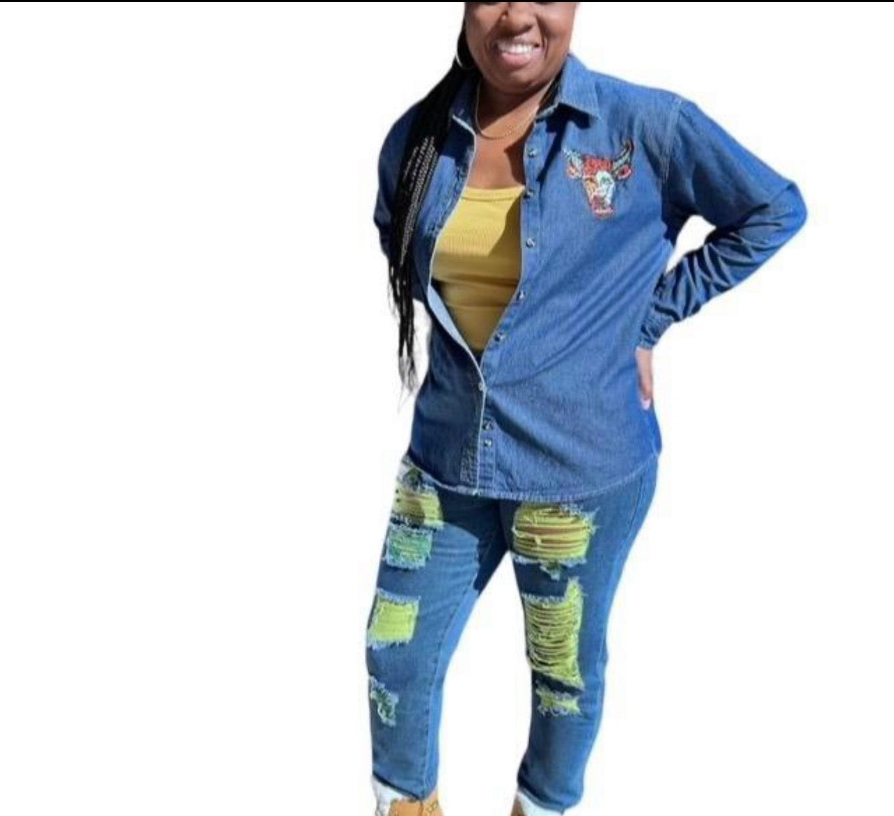 Neon Accent Shredded Denim