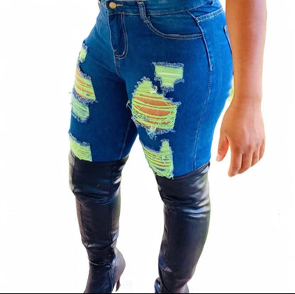 Neon Accent Shredded Denim