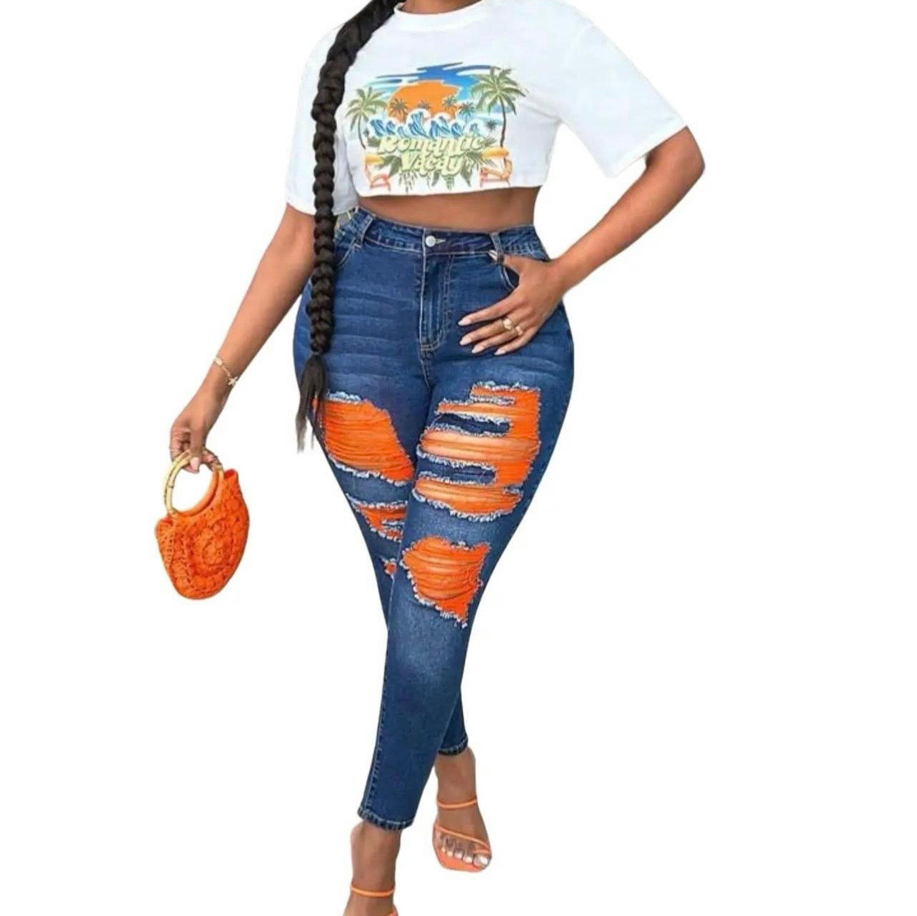 Neon Accent Shredded Denim