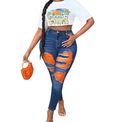 Neon Accent Shredded Denim