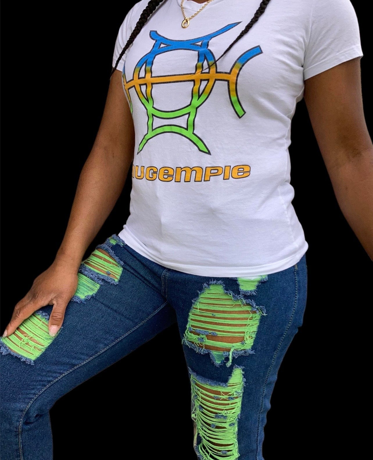 Neon Accent Shredded Denim