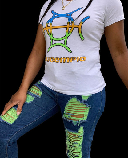 Neon Accent Shredded Denim