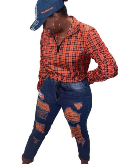 Neon Accent Shredded Denim