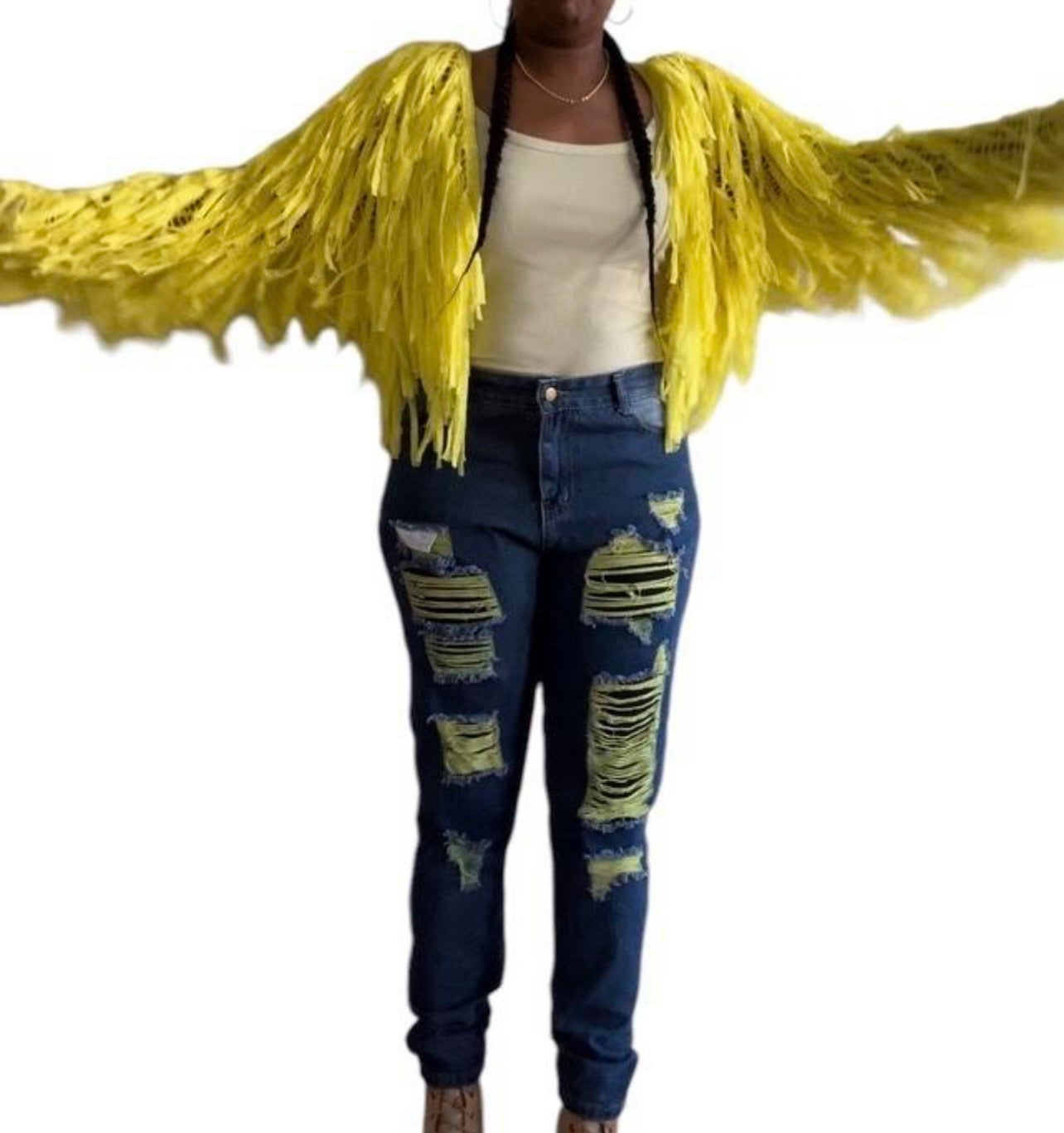 Neon Accent Shredded Denim