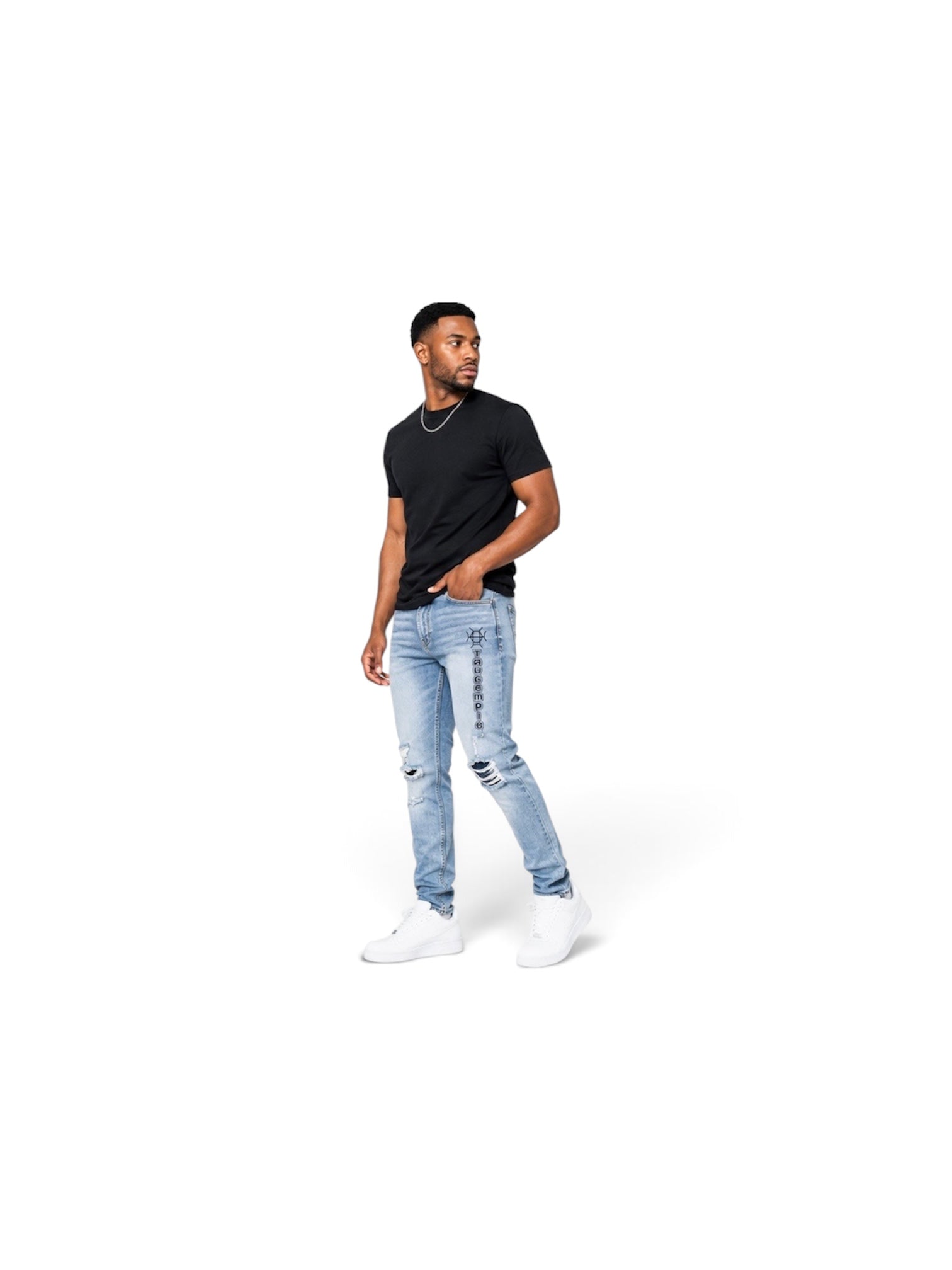 Indigo Blue Tapered Distressed Jeans