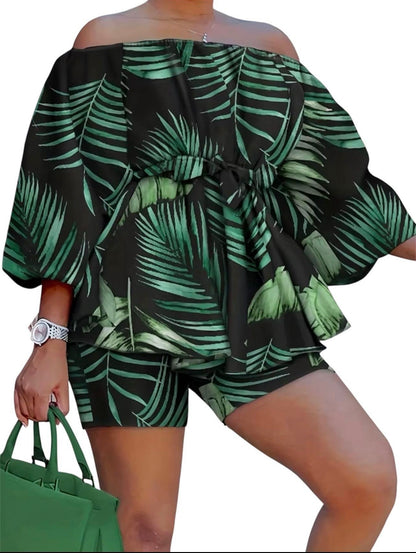 Women's patchwork denim print off-the-shoulder vacation set with cinched waist and fitted shorts - Sizes 16-28.