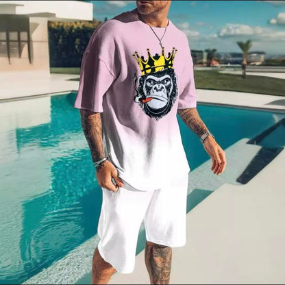 Model wearing Men's pink gradient satin 2-piece short set with smoking king ape graphic | TAUGEMPIE