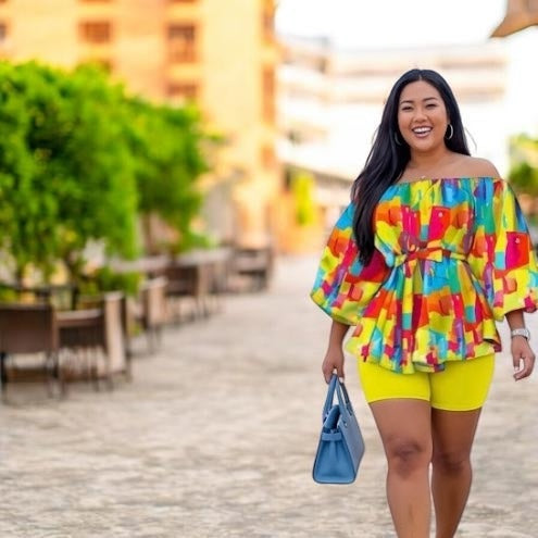 Palette Two-Piece Set | Off-Shoulder Peplum Top & Biker Shorts
