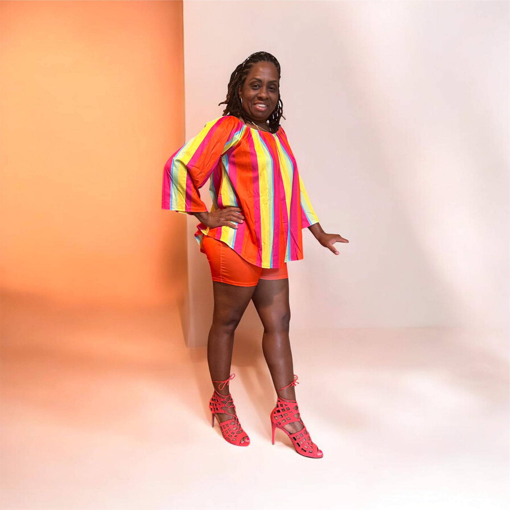 Make your entrance. The Paradise Set is bold, intentional, and built for the woman who dresses with purpose. &nbsp;Vibrant multicolor stripes meet structured femininity-vacation energy, elevated. &nbsp;