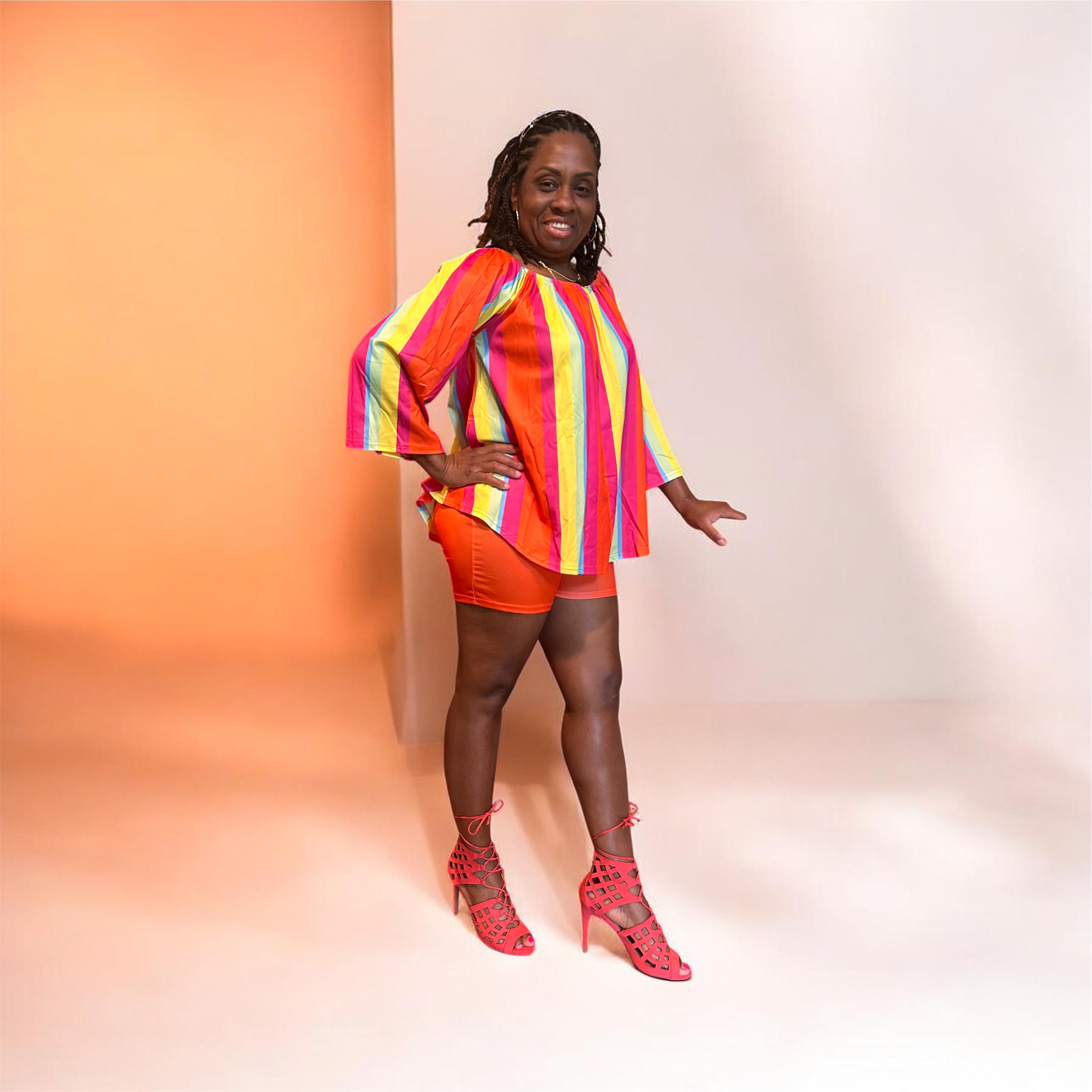 Make your entrance. The Paradise Set is bold, intentional, and built for the woman who dresses with purpose. &nbsp;Vibrant multicolor stripes meet structured femininity-vacation energy, elevated. &nbsp;