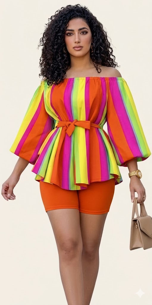 Make your entrance. The Paradise Set is bold, intentional, and built for the woman who dresses with purpose. &nbsp;Vibrant multicolor stripes meet structured femininity-vacation energy, elevated. &nbsp;