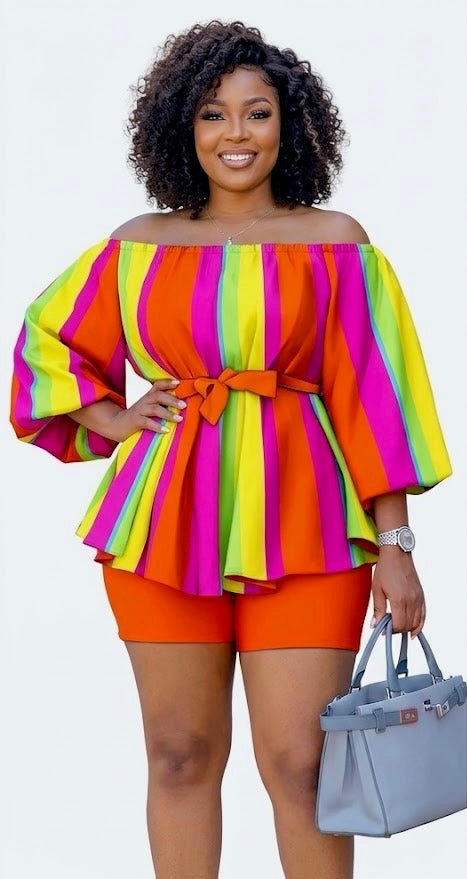Make your entrance. The Paradise Set is bold, intentional, and built for the woman who dresses with purpose. &nbsp;Vibrant multicolor stripes meet structured femininity-vacation energy, elevated. &nbsp;
