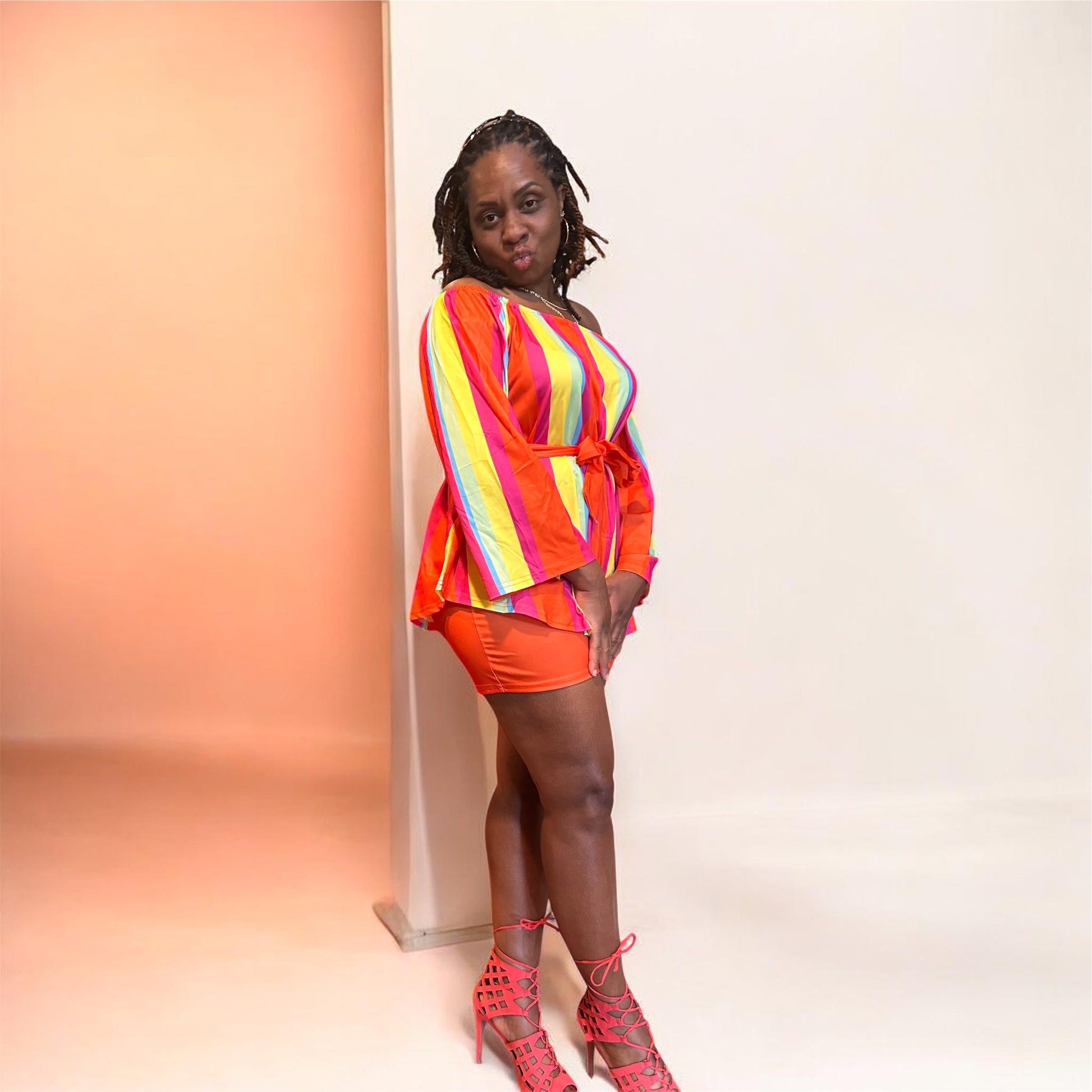 Make your entrance. The Paradise Set is bold, intentional, and built for the woman who dresses with purpose. &nbsp;Vibrant multicolor stripes meet structured femininity-vacation energy, elevated. &nbsp;