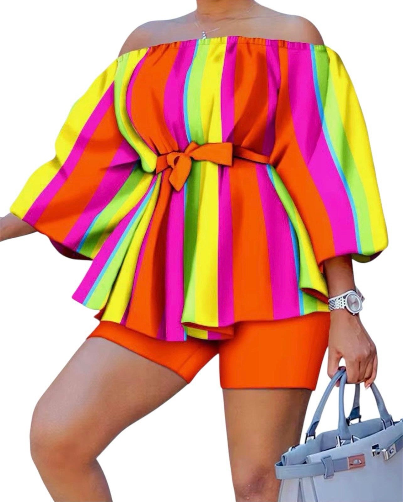 Women's patchwork denim print off-the-shoulder vacation set with cinched waist and fitted shorts - Sizes 4-28.