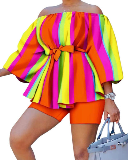 Women's patchwork denim print off-the-shoulder vacation set with cinched waist and fitted shorts - Sizes 4-28.