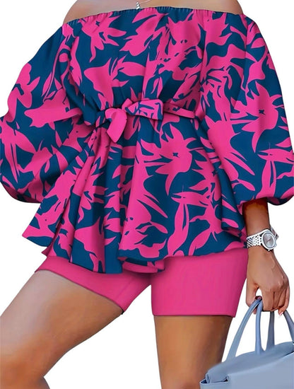 Women's patchwork denim print off-the-shoulder vacation set with cinched waist and fitted shorts - Sizes 16-28.