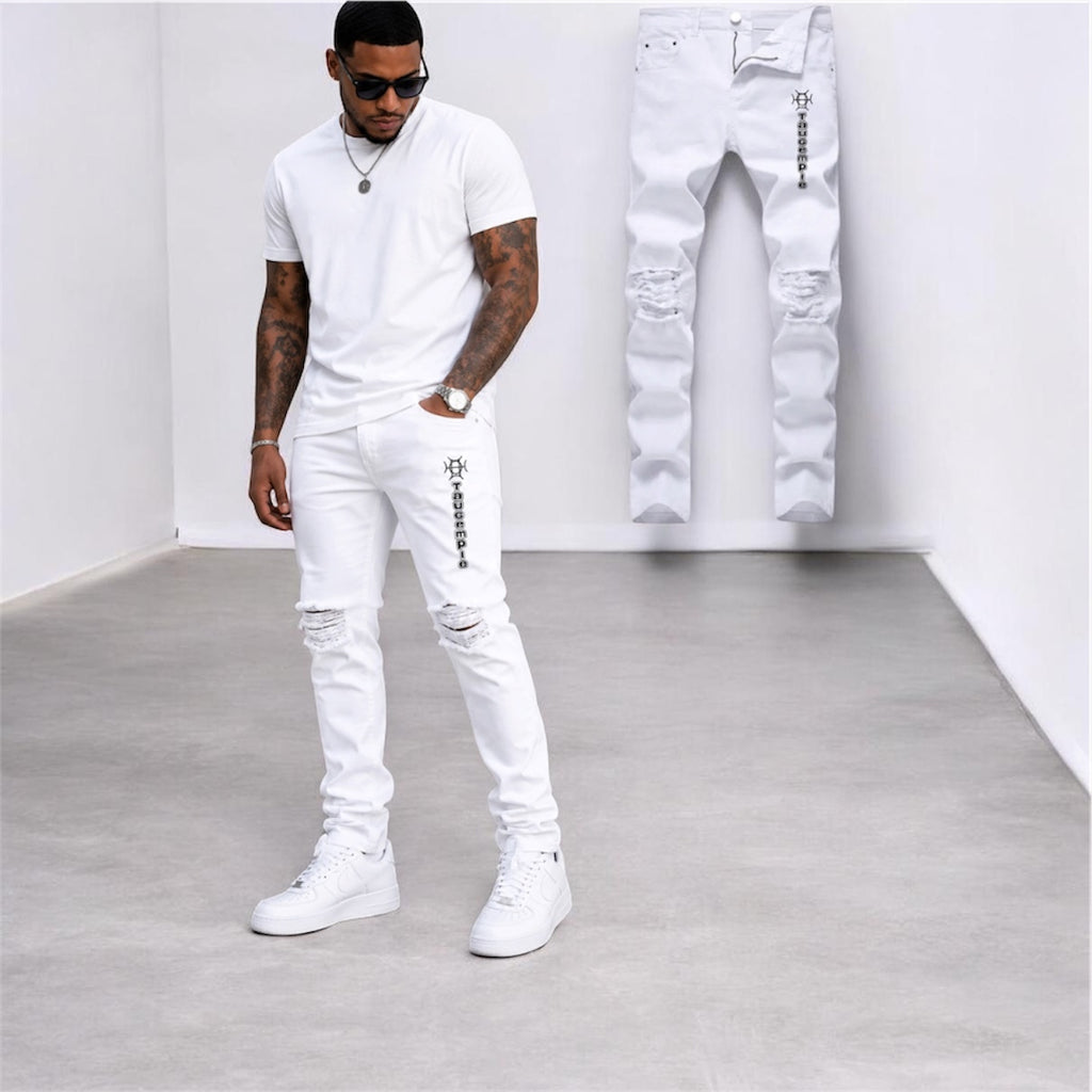 Frost White Tapered Distressed Jeans