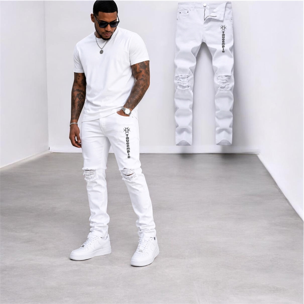 Frost White Tapered Distressed Jeans