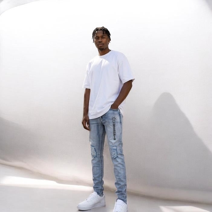 Indigo Blue Tapered Distressed Jeans