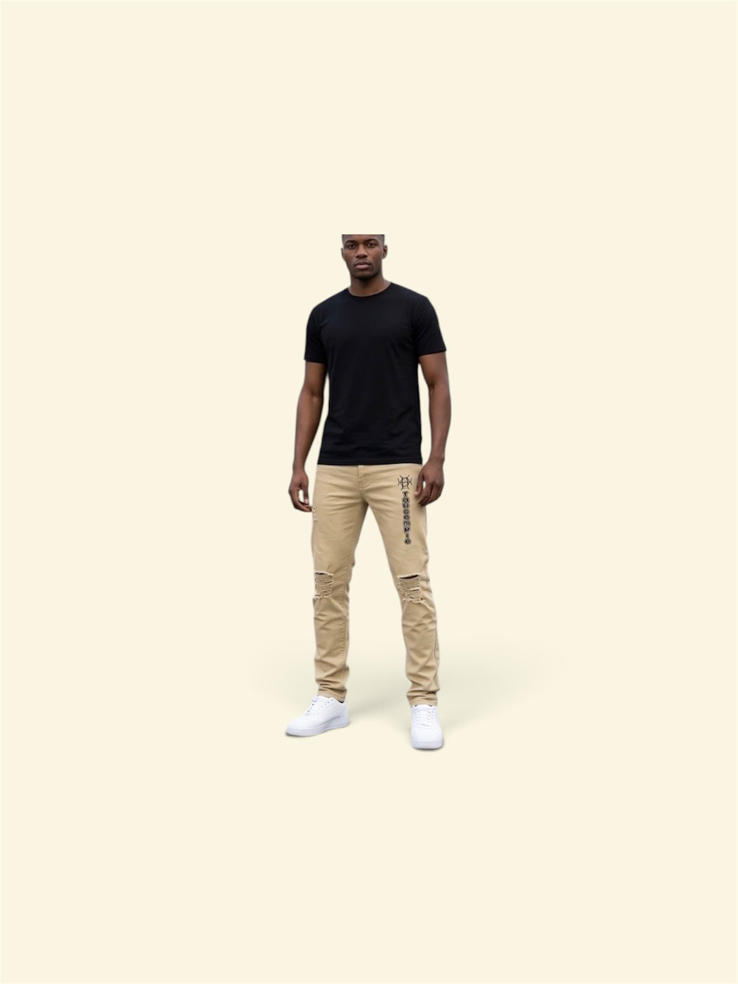 Sand Khaki Tapered Distressed Jeans