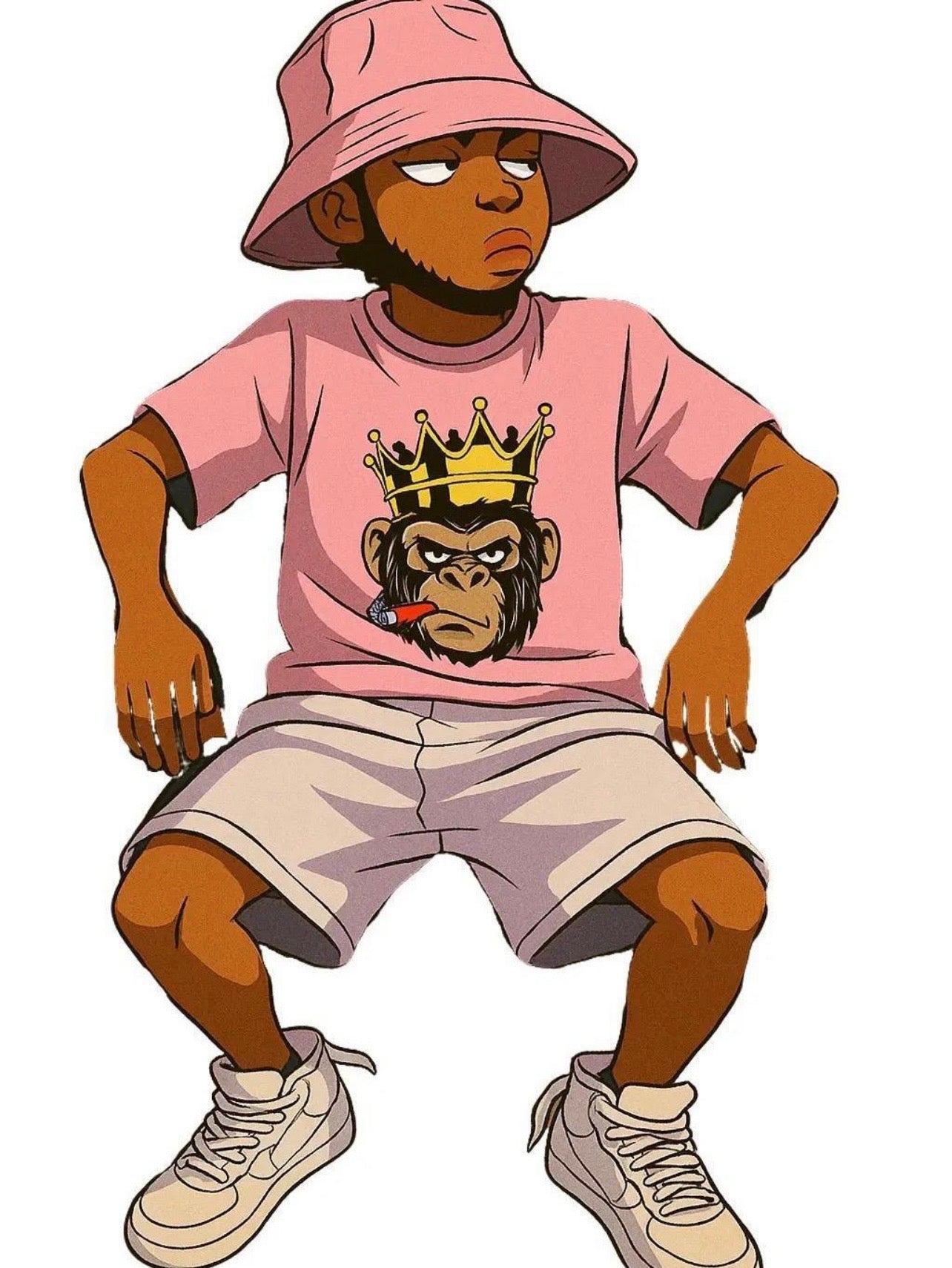 A soft pink gradient fades to white across an oversized crewneck tee anchored by a bold crowned gorilla graphic — street art energy meets resort ease. Paired with clean white shorts that let the top lead without competition.
