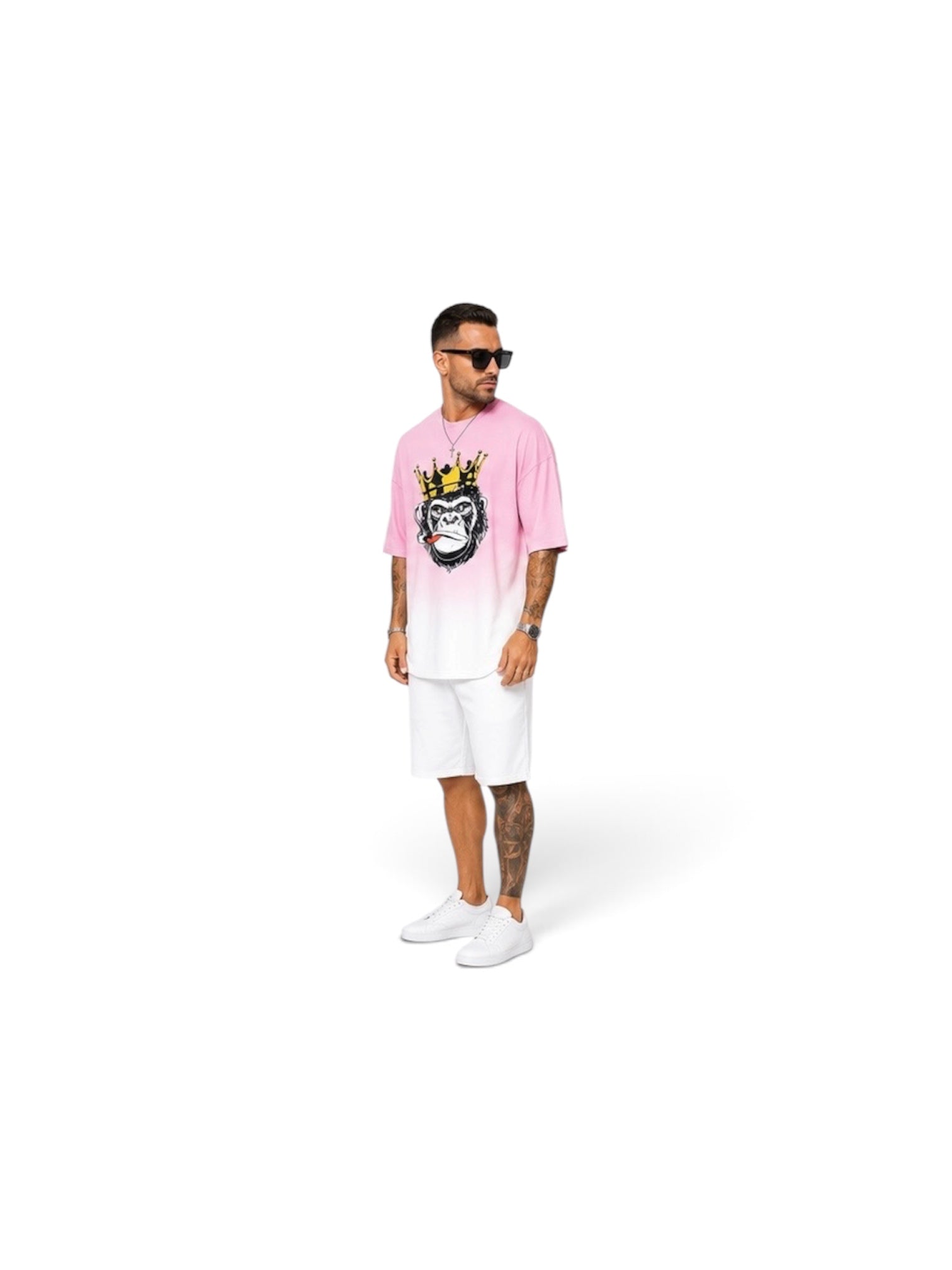 Kings don’t blend in. The Crown Set is a full cultural moment — pink-to-white gradient, crowned gorilla graphic, and clean white shorts for the man who wears confidence like a uniform.