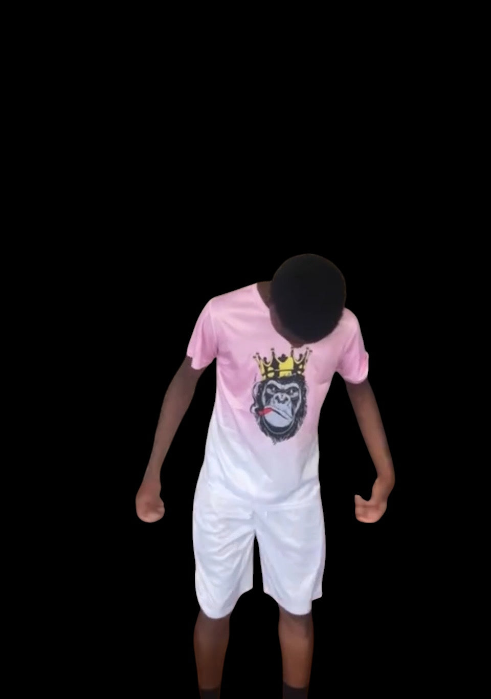 A soft pink gradient fades to white across an oversized crewneck tee anchored by a bold crowned gorilla graphic — street art energy meets resort ease. Paired with clean white shorts that let the top lead without competition.
