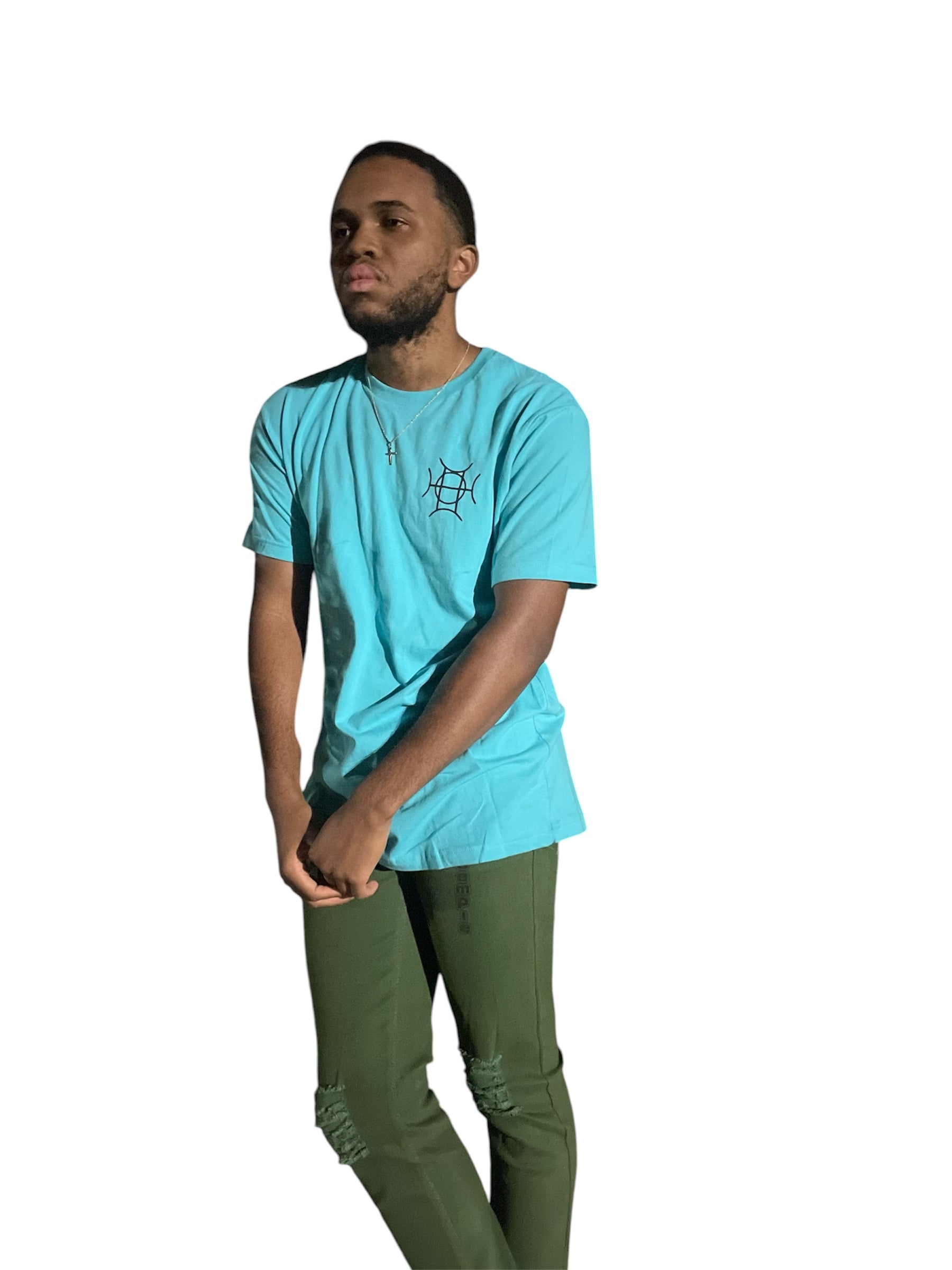 The Mark Crew in Blue doesn’t blend into the background — it owns it. A striking turquoise 100% cotton crewneck carries the TAUGEMPIE crest mark on the left chest and the full signature logo graphic across the back in vivid blue, green, and gold.

