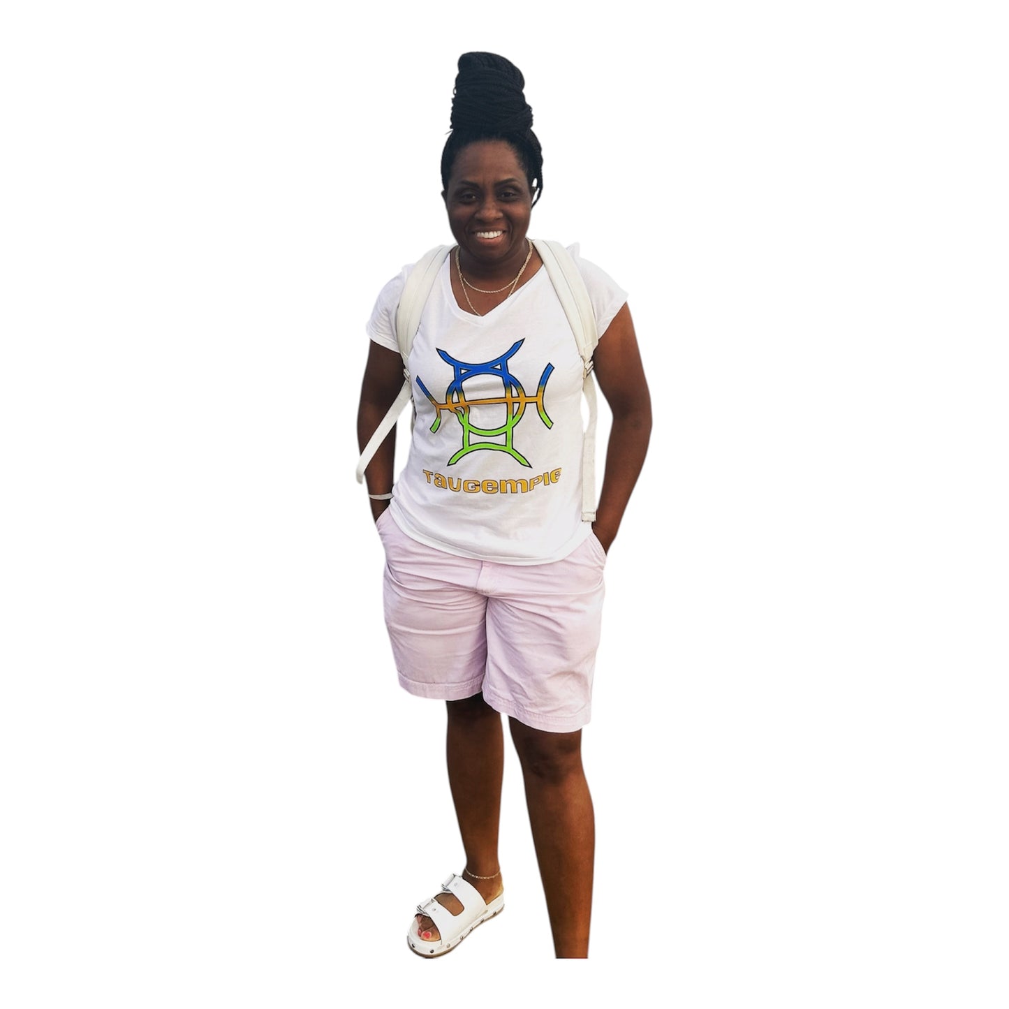 White is the ultimate foundation — and The Mark Tee in White builds on it with intention. A crisp 100% cotton v-neck in clean white carries the TAUGEMPIE signature logo graphic in blue, green, and gold across the chest — bold enough to lead, versatile enough to go anywhere.