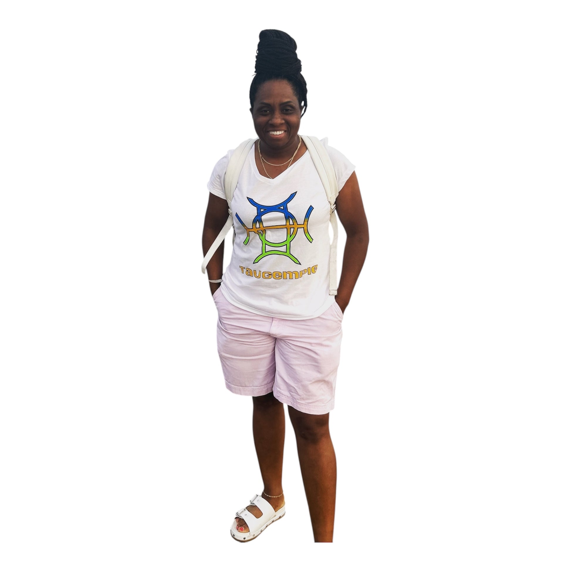 White is the ultimate foundation — and The Mark Tee in White builds on it with intention. A crisp 100% cotton v-neck in clean white carries the TAUGEMPIE signature logo graphic in blue, green, and gold across the chest — bold enough to lead, versatile enough to go anywhere.