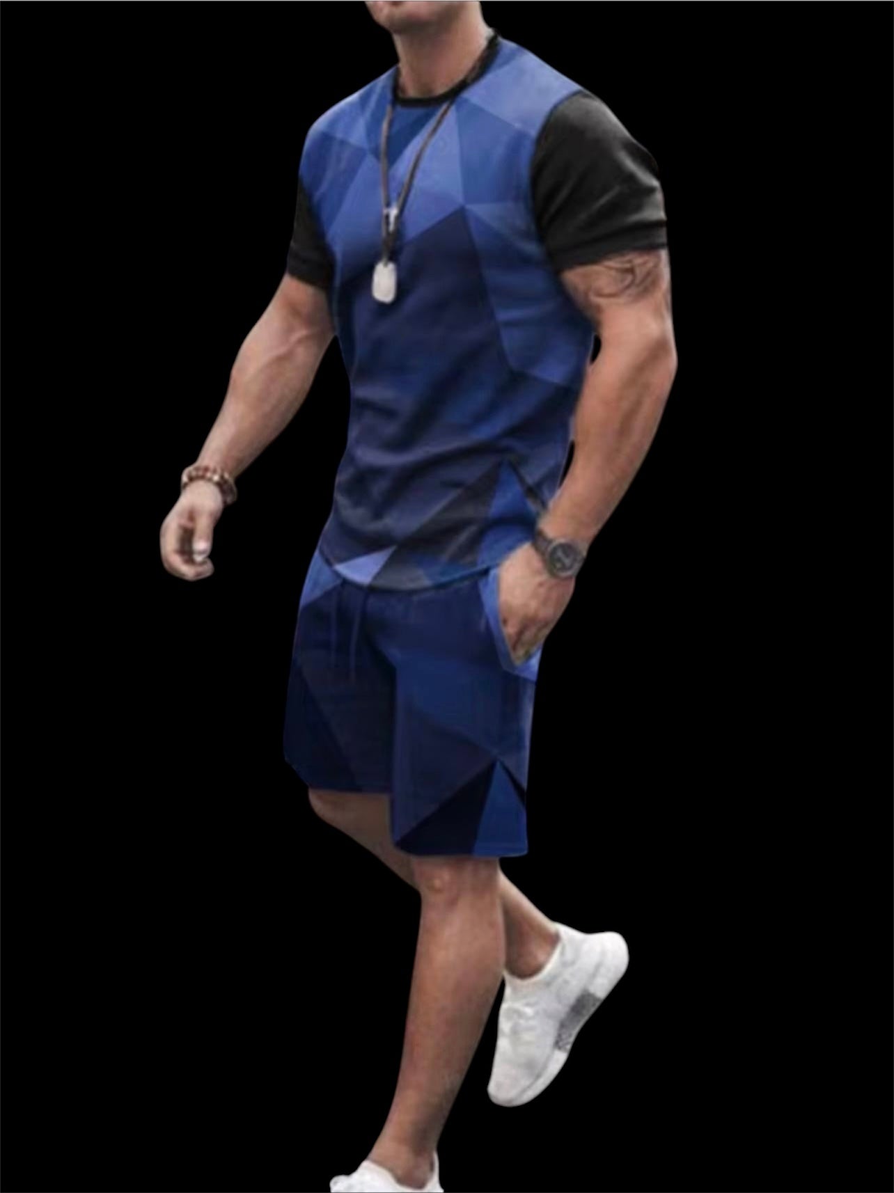 The Prism Set is built for the man who moves with purpose. A bold geometric diamond print in deep navy and black covers a fitted crewneck tee — structured, angular, and unmistakably intentional. Paired with clean navy shorts that ground the look with simplicity.