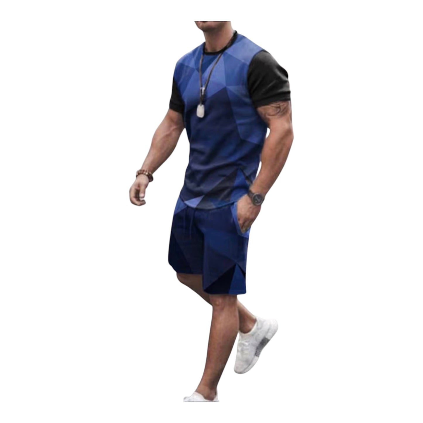 The Prism Set is built for the man who moves with purpose. A bold geometric diamond print in deep navy and black covers a fitted crewneck tee — structured, angular, and unmistakably intentional. Paired with clean navy shorts that ground the look with simplicity.