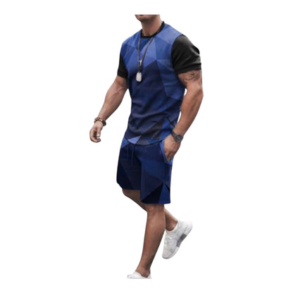 The Prism Set is built for the man who moves with purpose. A bold geometric diamond print in deep navy and black covers a fitted crewneck tee — structured, angular, and unmistakably intentional. Paired with clean navy shorts that ground the look with simplicity.