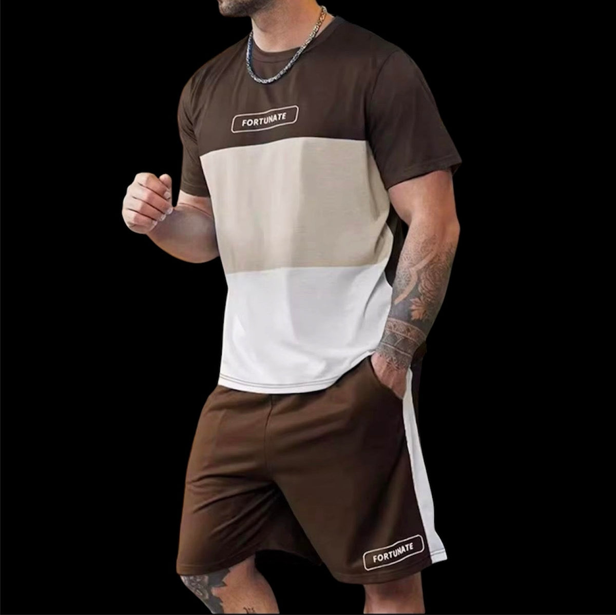 Refined and ready. The Terrain Set is elevated leisure done right — rich brown, warm cream, and clean white in a colorblock construction that goes from the block to the rooftop without missing a step.