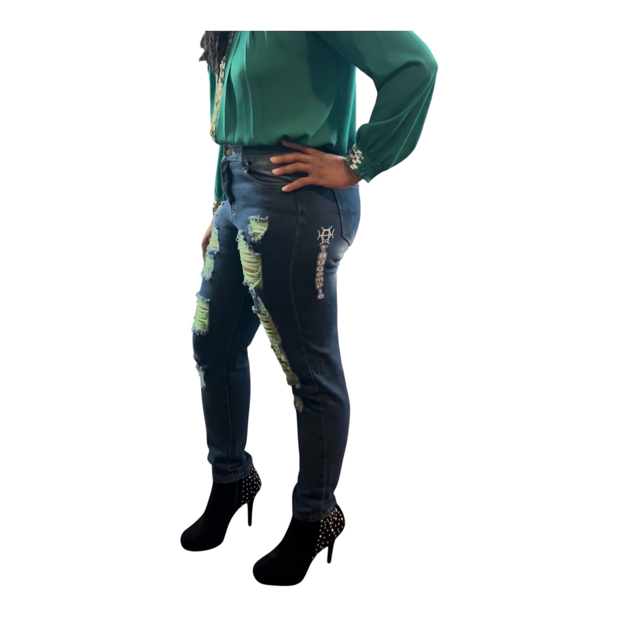 Voltage Shredded Jeans | Green | Neon Accent Distressed Denim