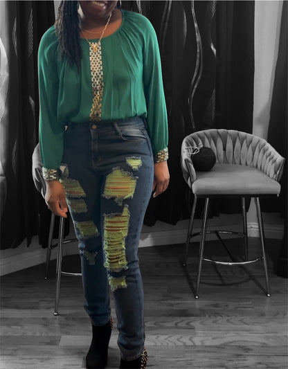 Voltage Shredded Jeans | Green | Neon Accent Distressed Denim