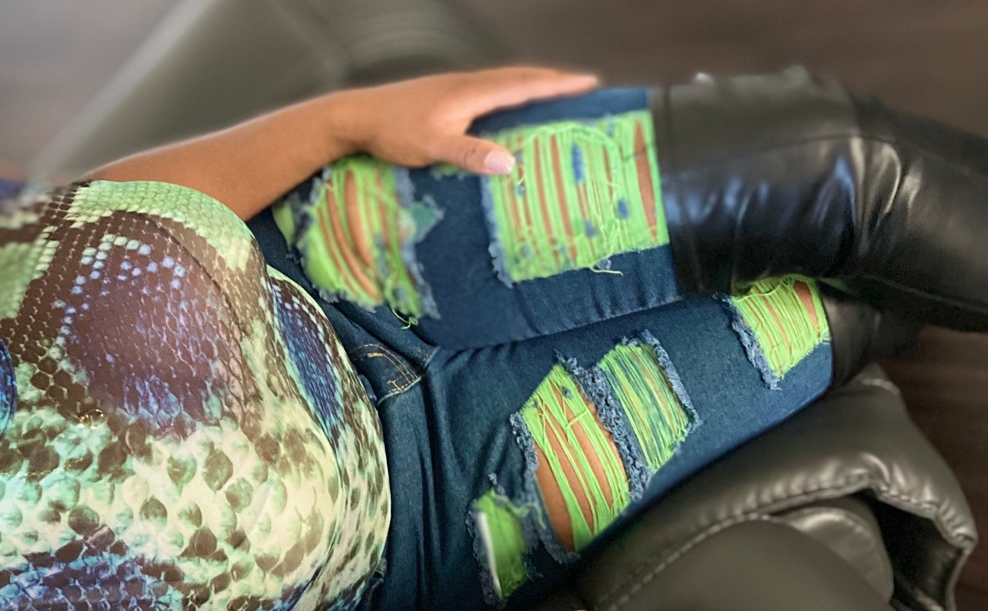 The Voltage Shredded Jean in Green is controlled chaos — in the best way. Neon green accent stitching electrifies deliberately shredded distress points, creating a look that balances edge with attitude and street with elevation.